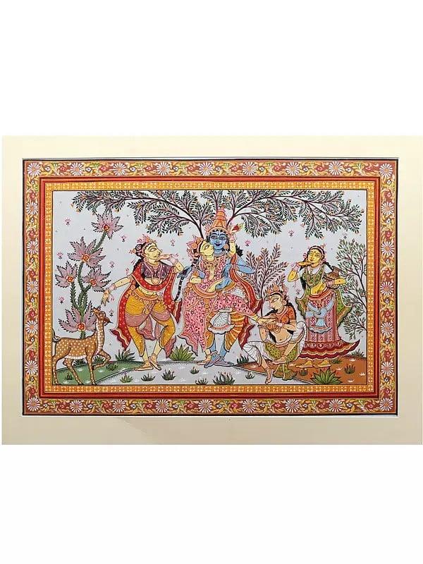 exotic india Dancing Radha-Krishna with Gopis | Pattachitra Painting from Odisha 