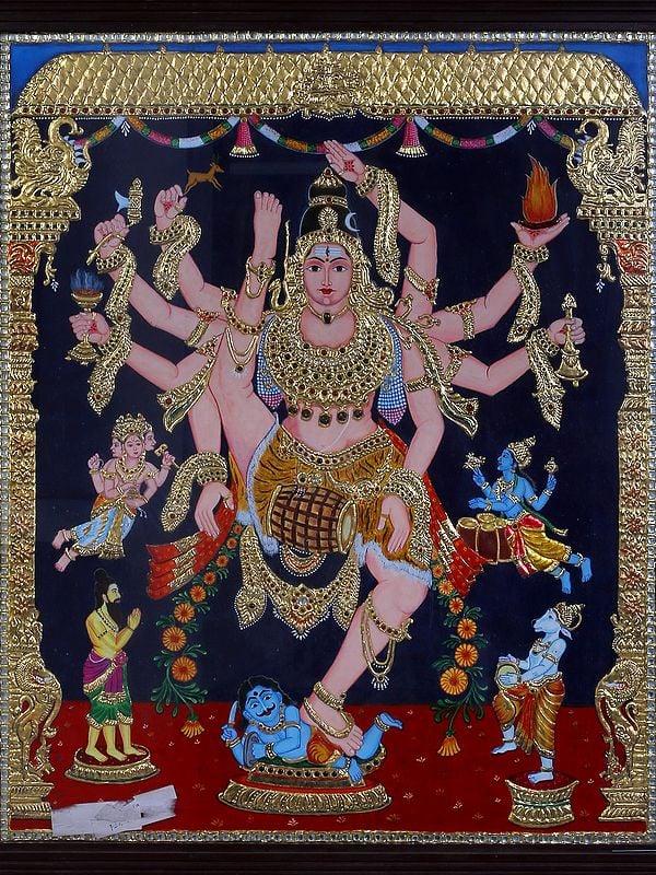 Exotic India Dancing Shiva In Challenging Dance Move | Traditional Colors With 24K Gold | Teakwood Frame