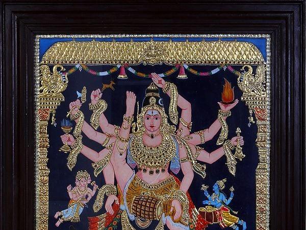 Exotic India Dancing Shiva In Challenging Dance Move | Traditional Colors With 24K Gold | Teakwood Frame