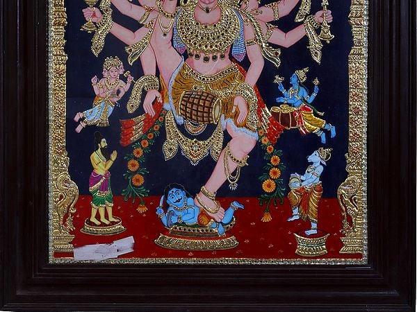 Exotic India Dancing Shiva In Challenging Dance Move | Traditional Colors With 24K Gold | Teakwood Frame