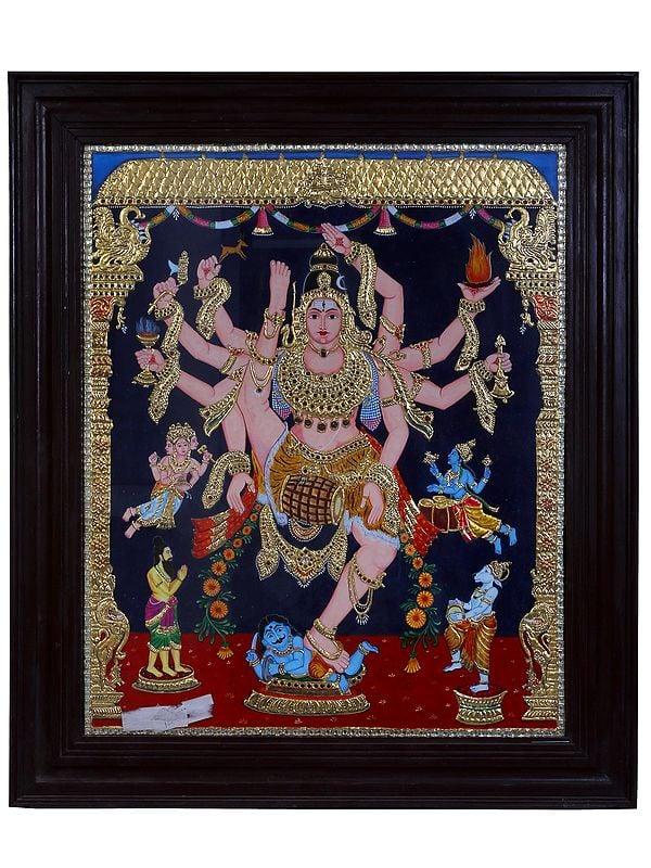 exotic india Dancing Shiva in Challenging Dance Move | Traditional Colors With 24K Gold | Teakwood Frame