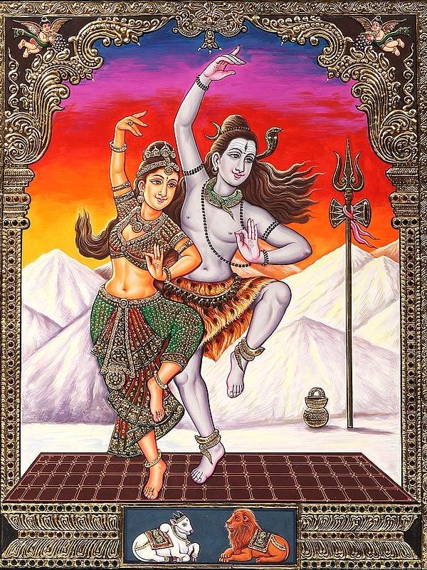 Exotic India Dancing Shiva Parvati Framed Tanjore Painting