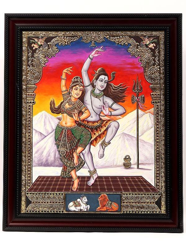 exotic india Dancing Shiva Parvati Framed Tanjore Painting
