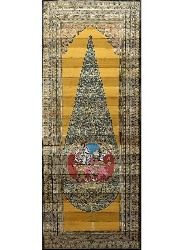 exotic india Dancing Shiva-Parvati Inside the Tree | Pattachitra Painting on Palm Leaf 