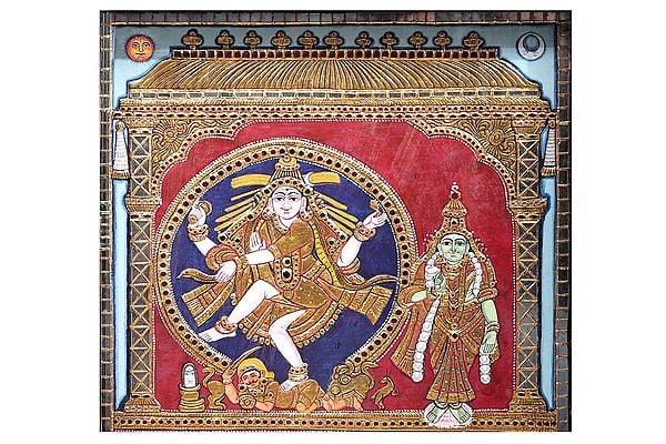 Exotic India Dancing Shiva With Goddess Parvati Tanjore Painting | Traditional Colors With 24K Gold | Teakwood Frame | Gold & Wood | Handmade | Made In India 
