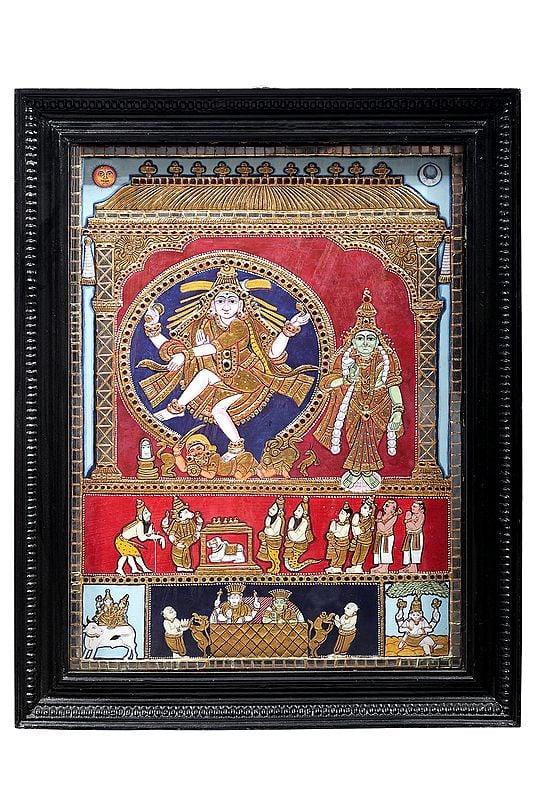 exotic india Dancing Shiva with Goddess Parvati Tanjore Painting | Traditional Colors With 24K Gold | Teakwood Frame | Gold & Wood | Handmade | Made In India