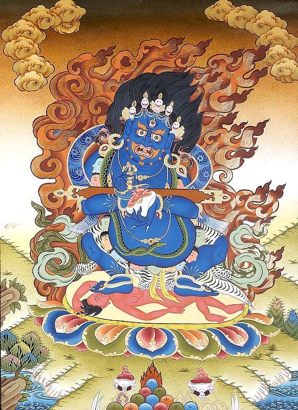 exotic india Dandapani Two Armed Pangarnatha Mahakala - Tibetan Thangka Painting 
