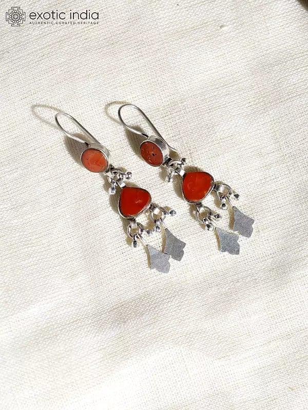 Exotic India Dangle Earrings With Coral Gemstone | Sterling Silver Jewelry
