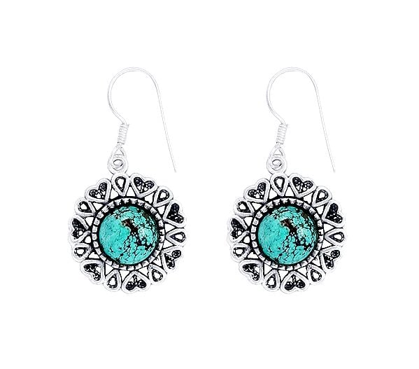 exotic india Dangle Round-Shaped Turquoise Stone Earrings with Small Heart Details 