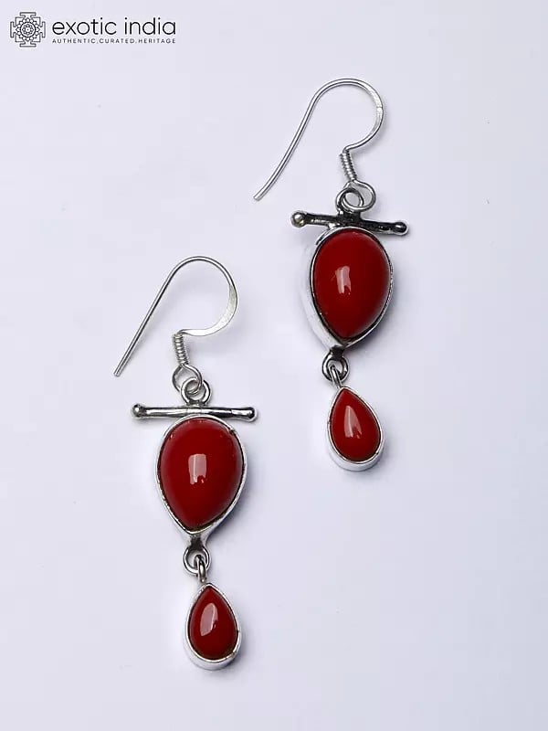Exotic India Dangling Sterling Silver Earrings With Drop Shape Red Onyx