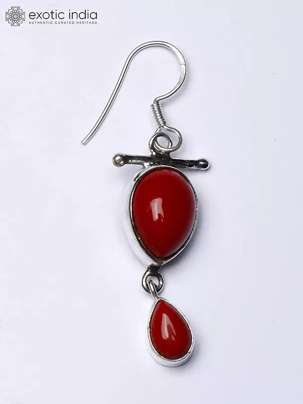 Exotic India Dangling Sterling Silver Earrings With Drop Shape Red Onyx