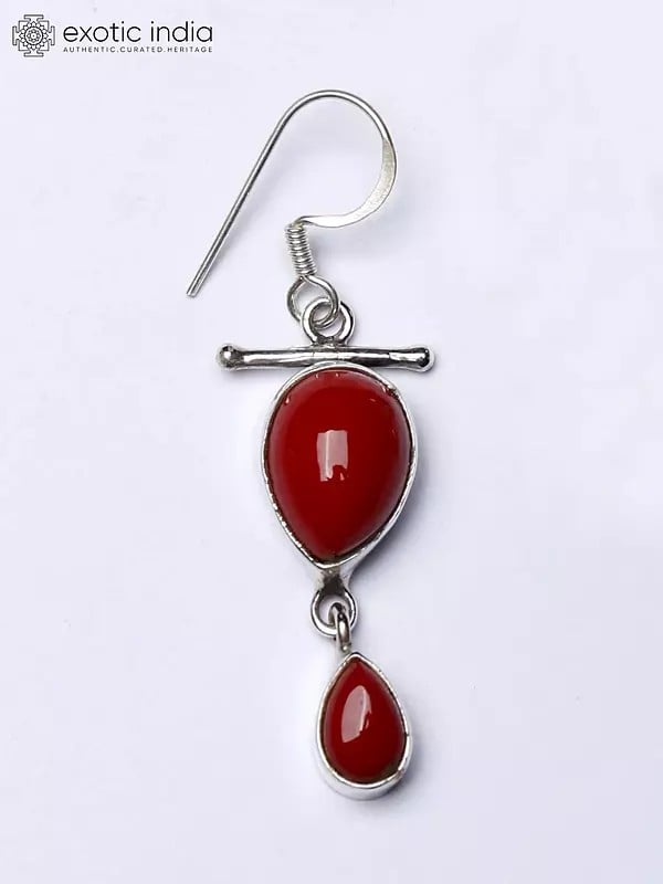 Exotic India Dangling Sterling Silver Earrings With Drop Shape Red Onyx