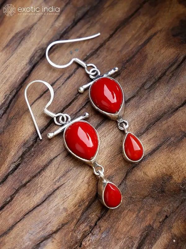 exotic india Dangling Sterling Silver Earrings with Drop Shape Red Onyx 