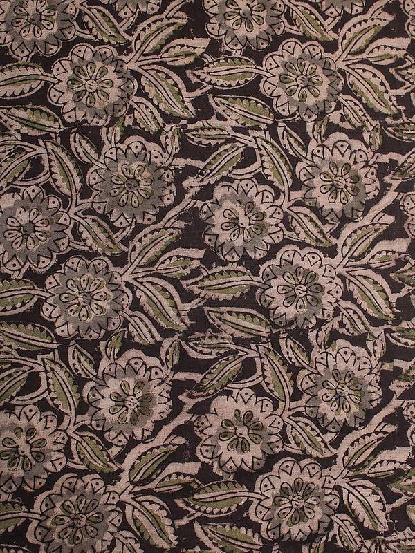 Exotic India Dark-Charcoal Grey Pure Cotton Kalamkari Block Printed Fabric 