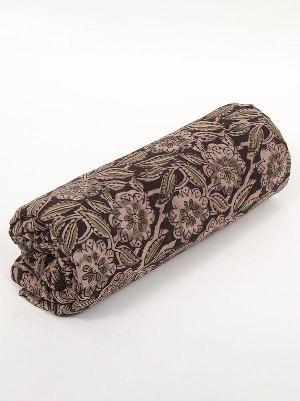 Exotic India Dark-Charcoal Grey Pure Cotton Kalamkari Block Printed Fabric 