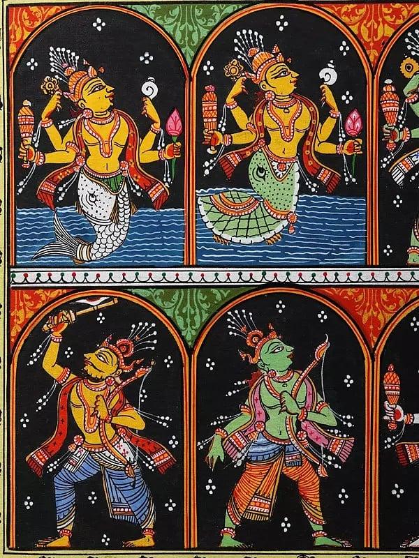 Exotic India Dashavatara - Ten Incarnations Of Lord Vishnu | Pattachitra Painting From Odisha 