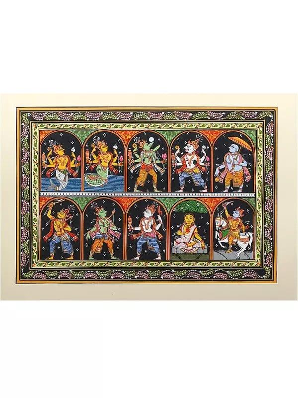 exotic india Dashavatara - Ten Incarnations of Lord Vishnu | Pattachitra Painting from Odisha 