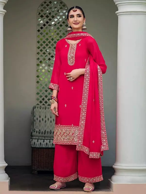 Exotic India Debian-Red Designer Georgette Embroidery And Sequins Work Straight Kurta With Palazzo And Dupatta 