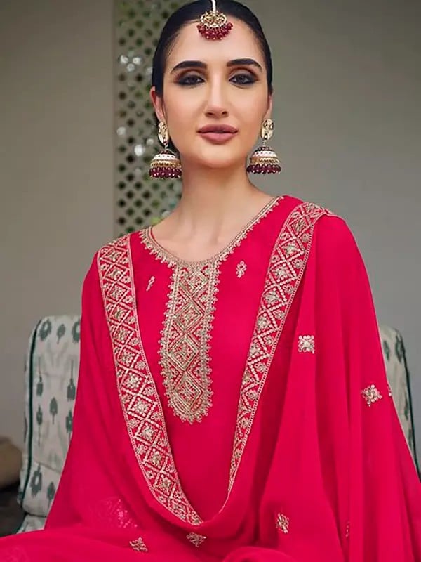 Exotic India Debian-Red Designer Georgette Embroidery And Sequins Work Straight Kurta With Palazzo And Dupatta 