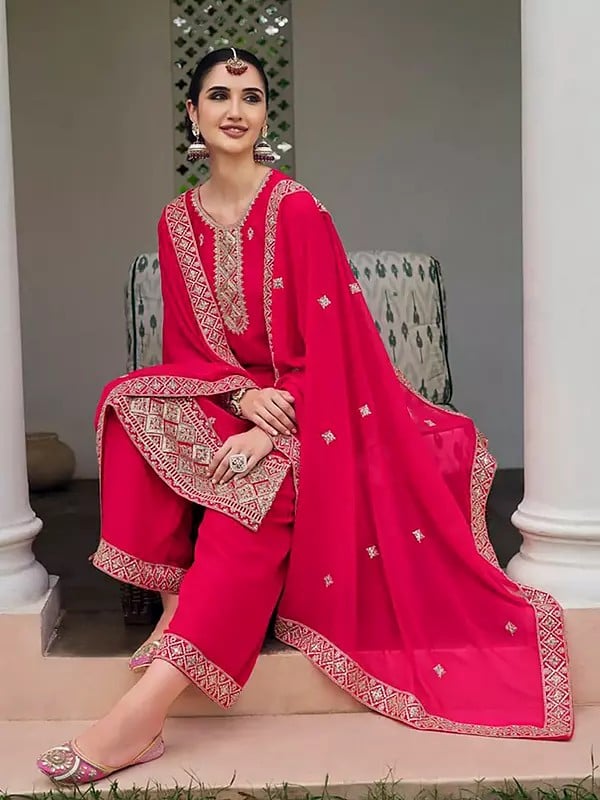 Exotic India Debian-Red Designer Georgette Embroidery And Sequins Work Straight Kurta With Palazzo And Dupatta 