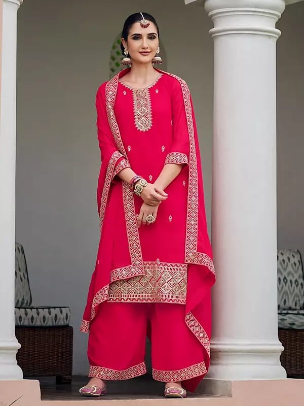 exotic india Debian-Red Designer Georgette Embroidery And Sequins Work Straight Kurta With Palazzo And Dupatta 