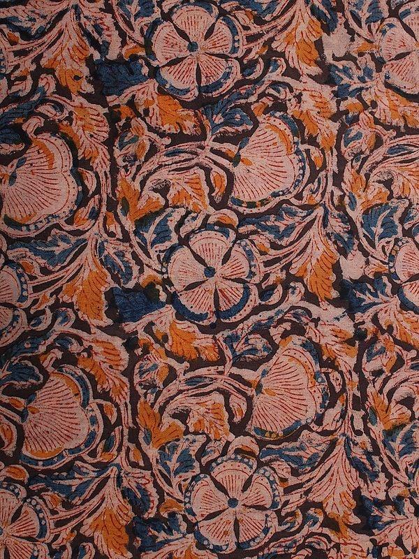 Exotic India Deep Blue-Orange Pure Cotton Kalamkari Block Printed Fabric