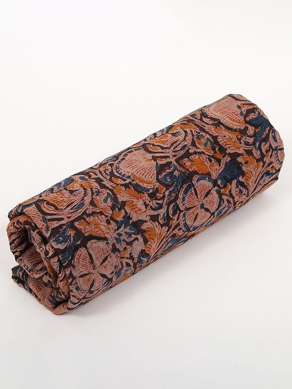 Exotic India Deep Blue-Orange Pure Cotton Kalamkari Block Printed Fabric