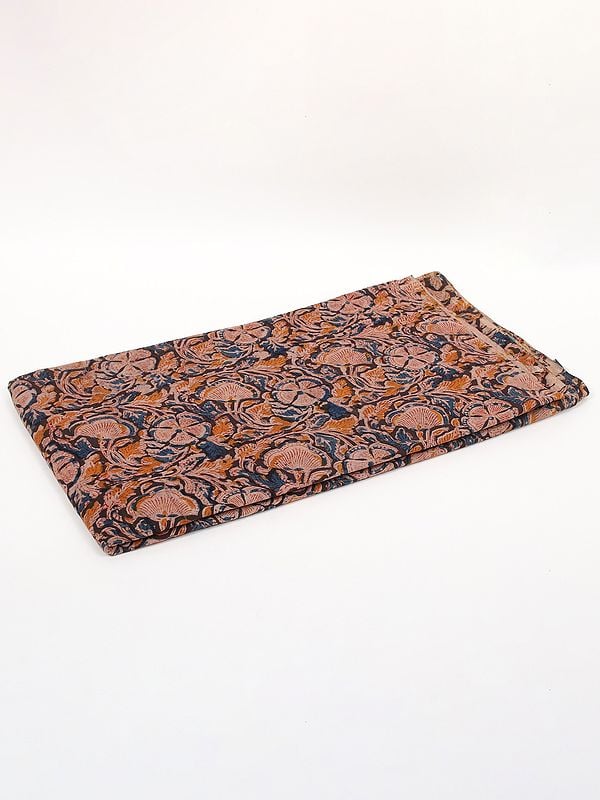 exotic india Deep Blue-Orange Pure Cotton Kalamkari Block Printed Fabric 