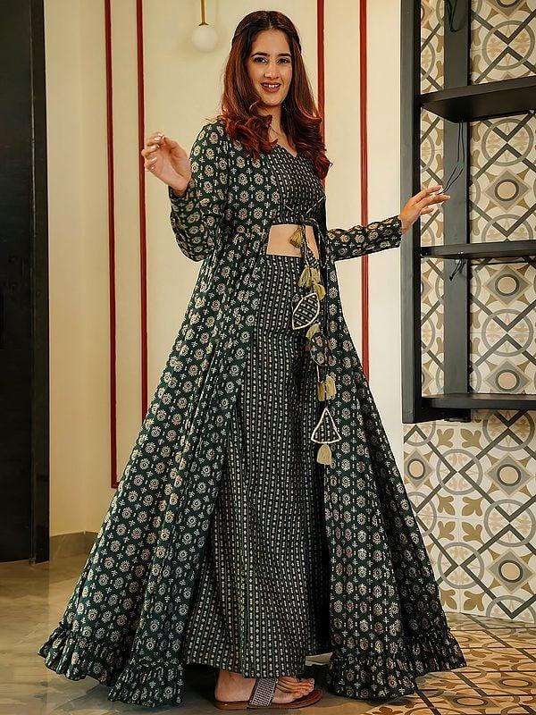 Exotic India Deep-Green Muslin Digital Printed Indo-western Suit With Flared Long Jacket 