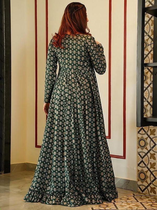 Exotic India Deep-Green Muslin Digital Printed Indo-western Suit With Flared Long Jacket 