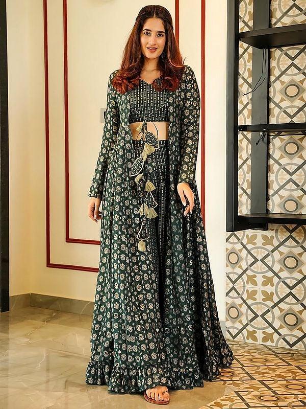 exotic india Deep-Green Muslin Digital Printed Indo-western Suit with Flared Long Jacket 