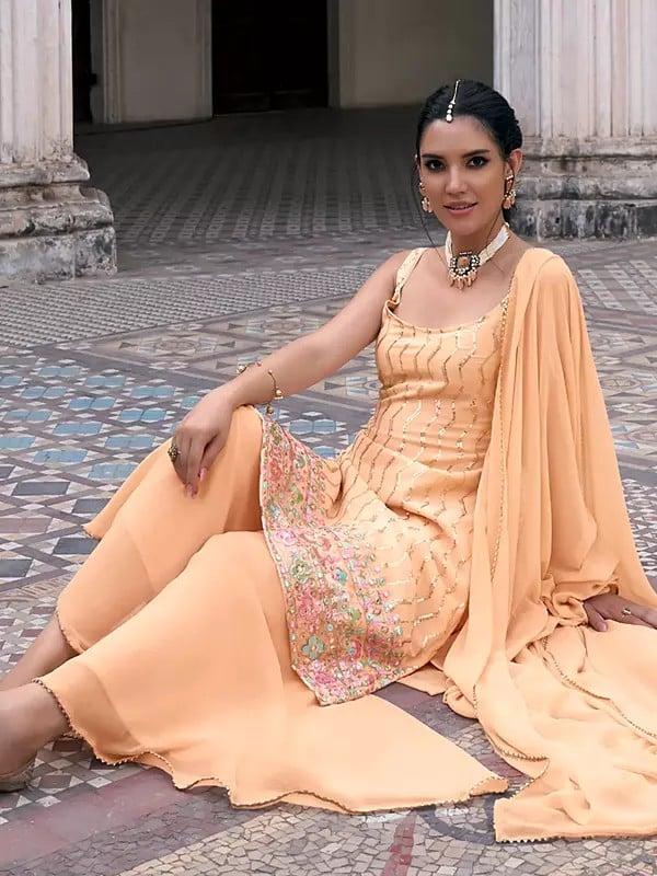 Exotic India Deep-Peach Attractive Zig-Zag Pattern Sequins And Embroidery Work Sleeveless Kurti With Sharara
