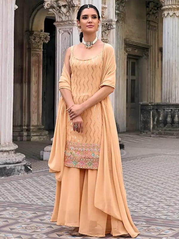 exotic india Deep-Peach Attractive Zig-Zag Pattern Sequins And Embroidery Work Sleeveless Kurti With Sharara 