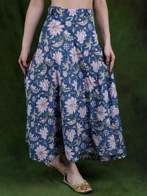Exotic India Deep-Water Wrap Around Printed Long Skirt In Pure Cotton 