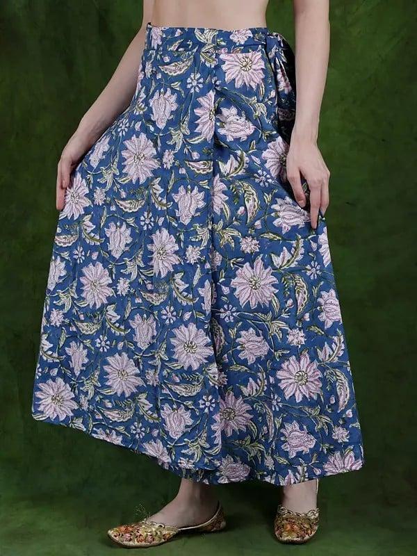 Exotic India Deep-Water Wrap Around Printed Long Skirt In Pure Cotton 
