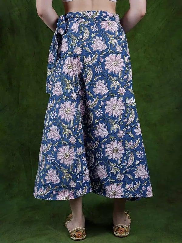 Exotic India Deep-Water Wrap Around Printed Long Skirt In Pure Cotton 