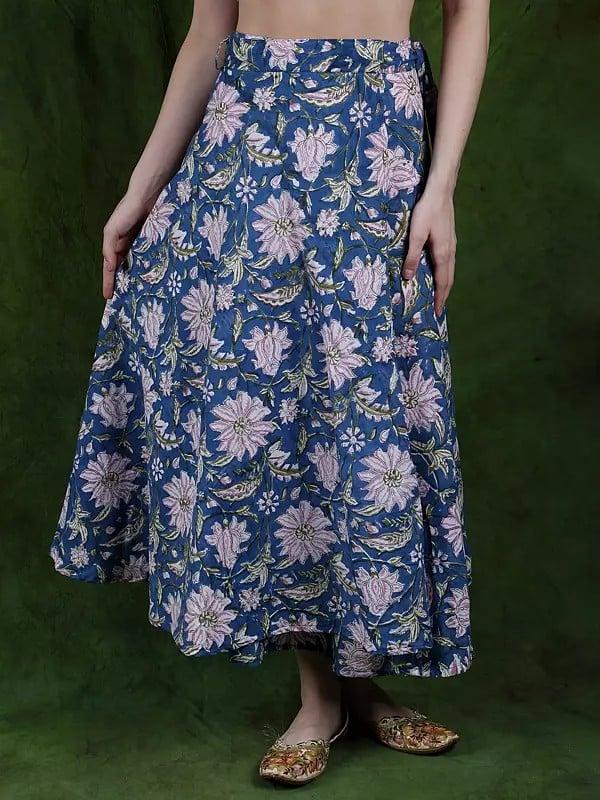 exotic india Deep-Water Wrap Around Printed Long Skirt in Pure Cotton