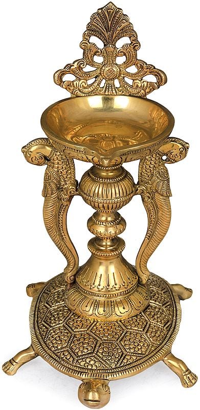Exotic India Delightful Vastu Parrot Tall Lamp On Carved Tortoise