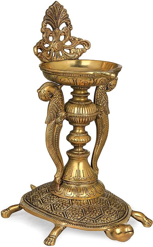 Exotic India Delightful Vastu Parrot Tall Lamp On Carved Tortoise