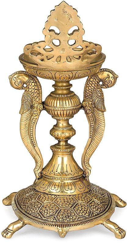 Exotic India Delightful Vastu Parrot Tall Lamp On Carved Tortoise