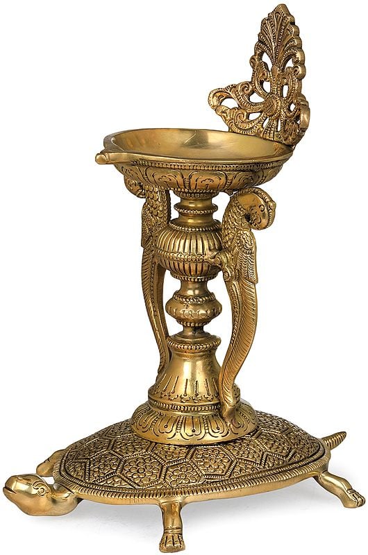 exotic india Delightful Vastu Parrot Tall Lamp on Carved Tortoise 
