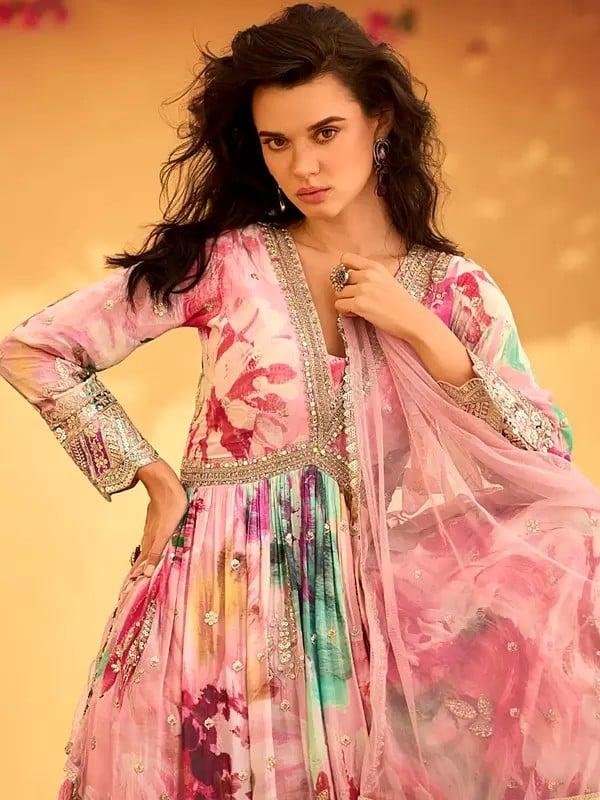 Exotic India Designer Chinon Floral Print And Thread Embroidery Work Anarkali Gown For Casual Occasion 