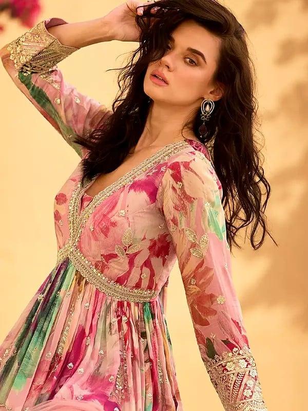 Exotic India Designer Chinon Floral Print And Thread Embroidery Work Anarkali Gown For Casual Occasion 