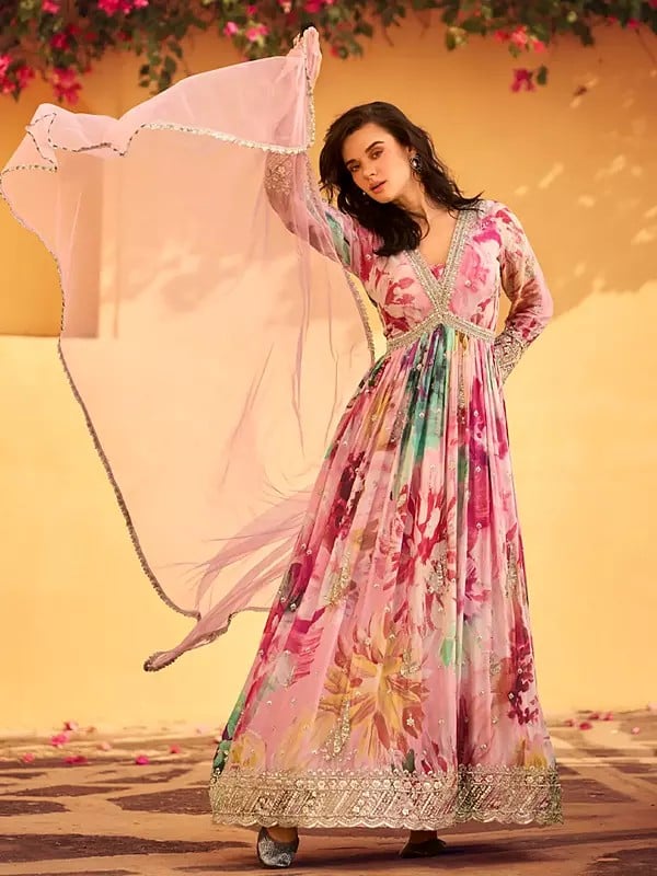 exotic india Designer Chinon Floral Print And Thread Embroidery Work Anarkali Gown For Casual Occasion