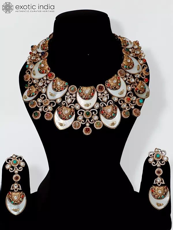 exotic india Designer Choker Necklace Set Double Layer Necklace Set With Earrings 
