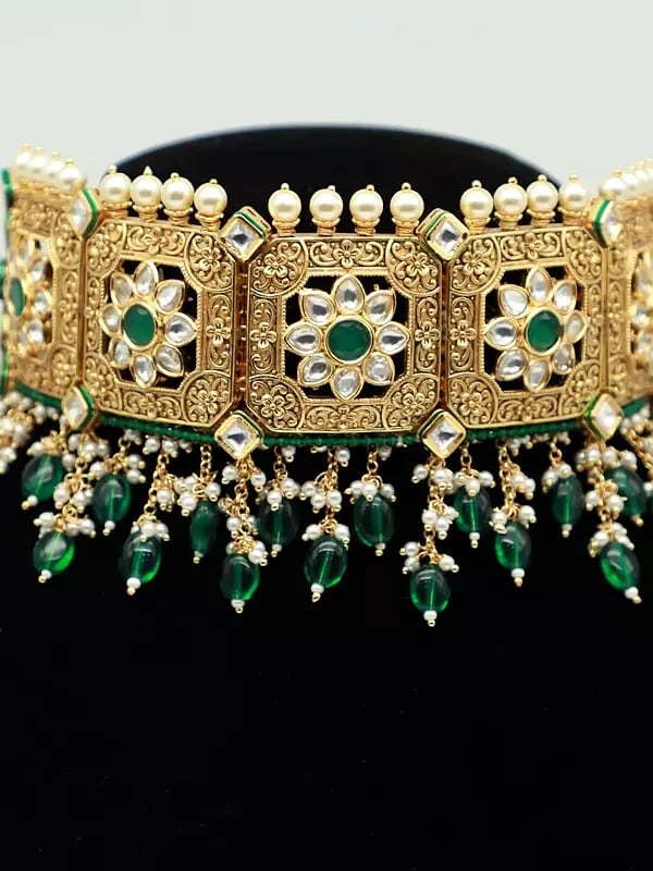Exotic India Designer Choker Set In Brass With Hanging Beads And Earrings For Bride
