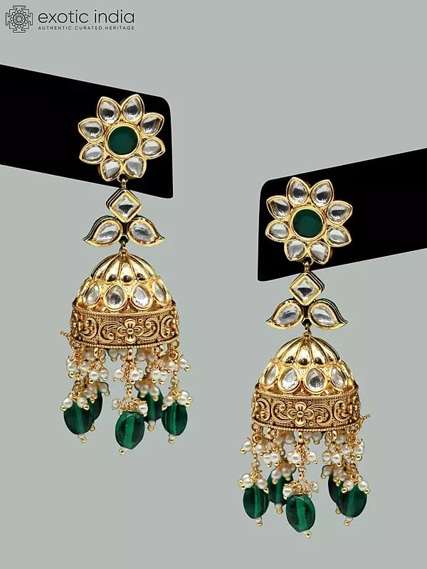 Exotic India Designer Choker Set In Brass With Hanging Beads And Earrings For Bride