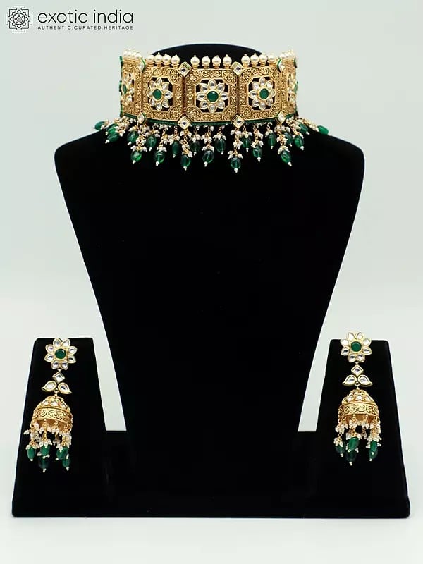exotic india Designer Choker Set In Brass With Hanging Beads And Earrings For Bride 