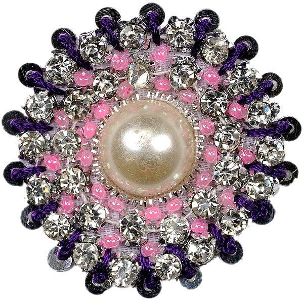 exotic india Designer Circular Patch with Crystals and Faux Pearls 