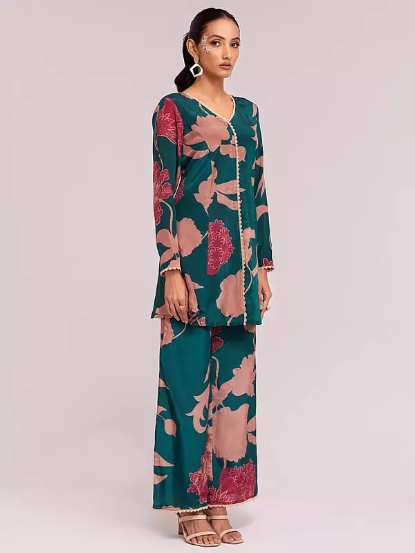 Exotic India Designer Crepe Printed Top With Pant Co-Ord Set For Casual Occasion 